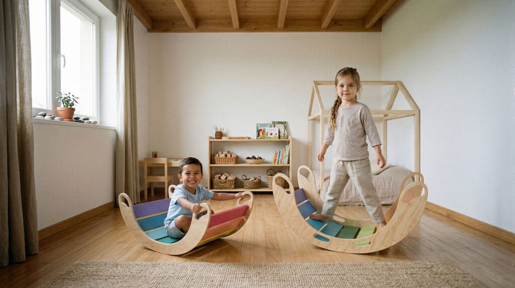 Niños usando balancín Waldorf de madera en ambiente Montessori fomentando el movimiento y juego libre