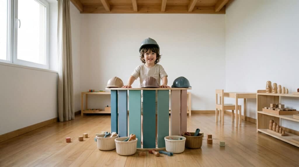 Niño utilizando balancín Waldorf como tienda en juego simbólico dentro de un ambiente Montessori