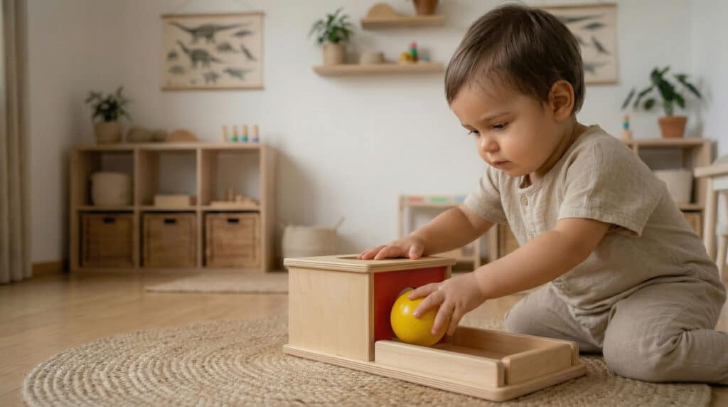 Bebé utilizando caja de permanencia del objeto Montessori de madera en ambiente preparado