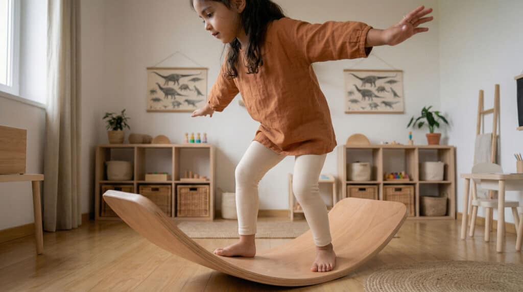 Niña utilizando tabla curva Montessori desarrollando equilibrio y control corporal