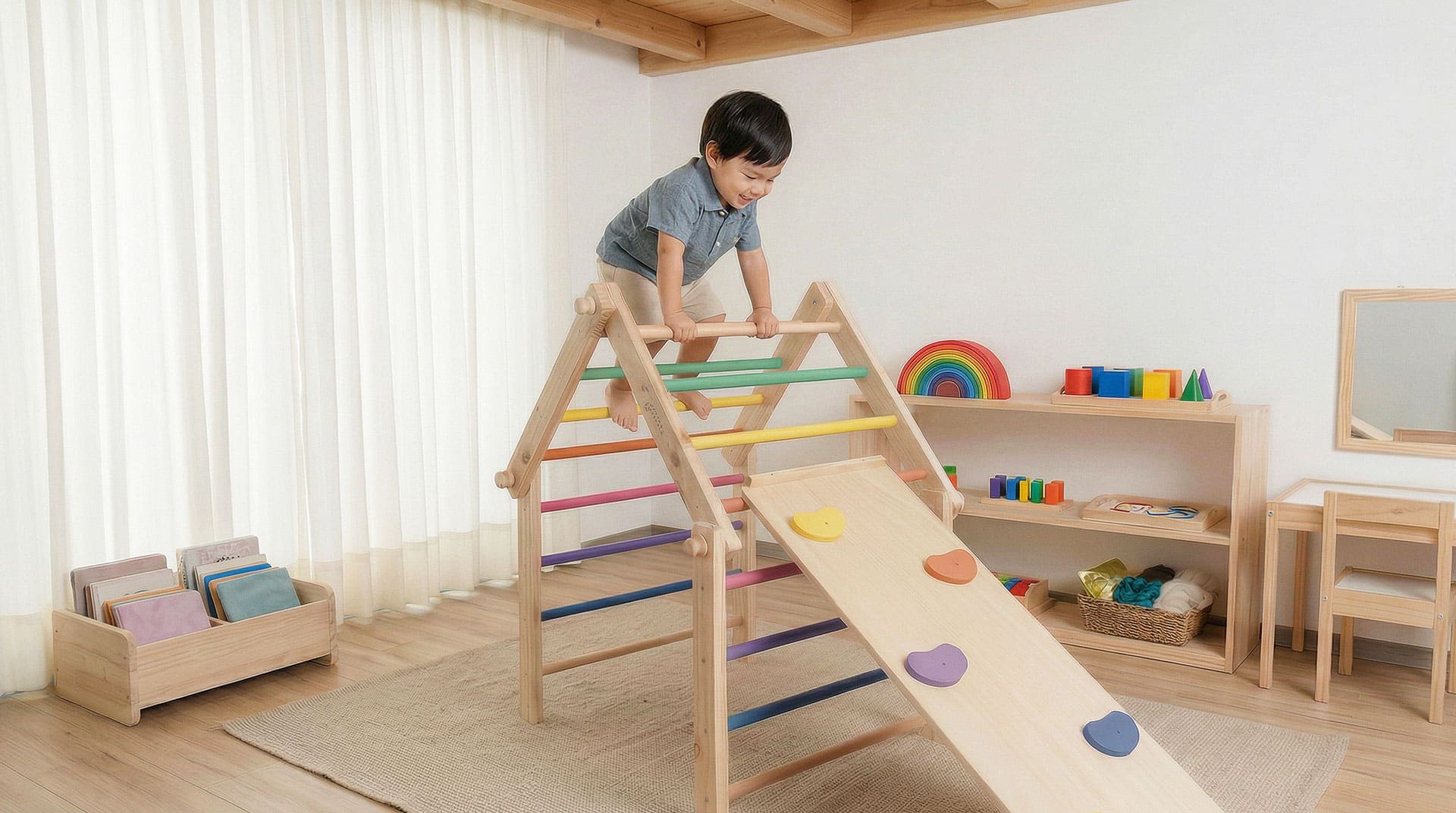 Niño escalando triángulo Pikler Montessori desarrollando movimiento libre en ambiente preparado