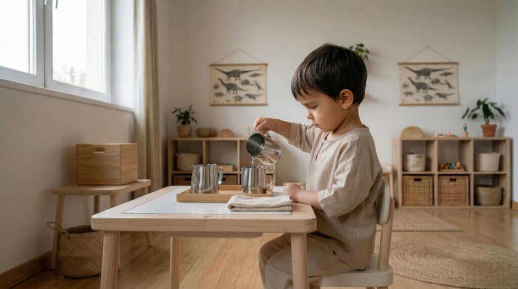 Niño realizando actividad de vida práctica Montessori vertiendo agua en ambiente preparado