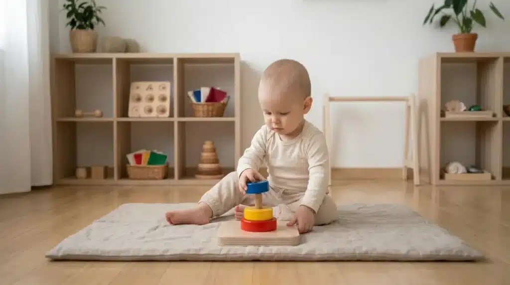 bebé encajando piezas en juguete de madera desarrollando motricidad fina y coordinacion mano ojo en ambiente montessori