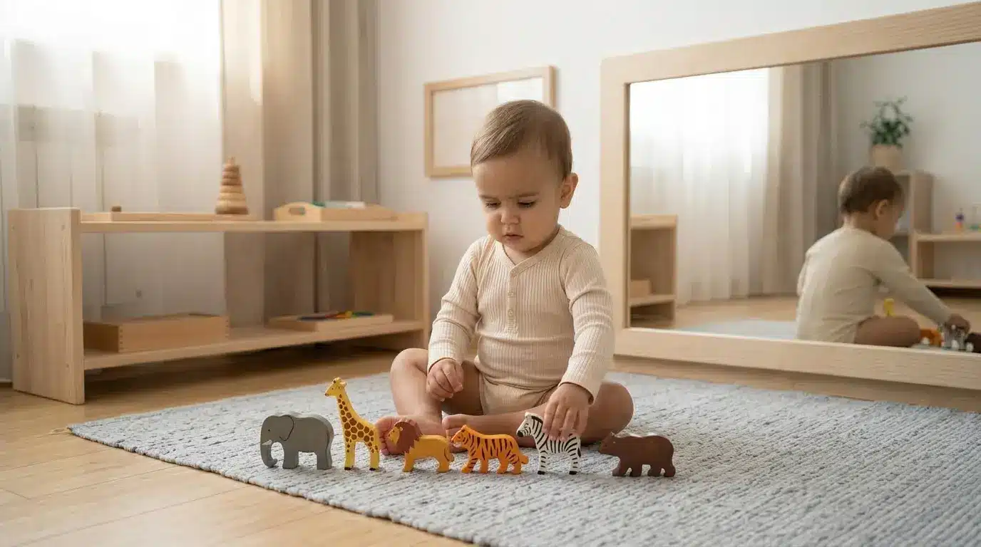 bebé concentrado repitiendo actividad montessori en ambiente preparado durante periodo sensitivo