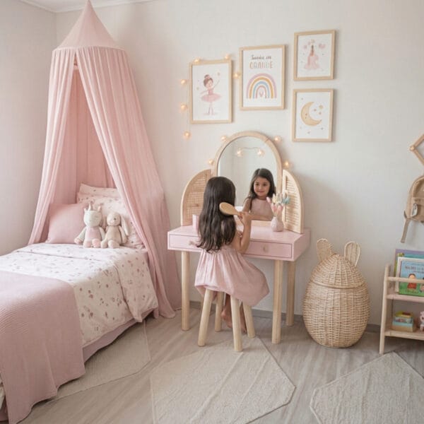 Niña usando tocador Montessori de madera con espejo en habitación infantil, fomentando autonomía y cuidado personal