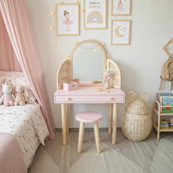 Tocador Montessori de madera rosado para niña con espejo en habitación infantil estilo Montessori