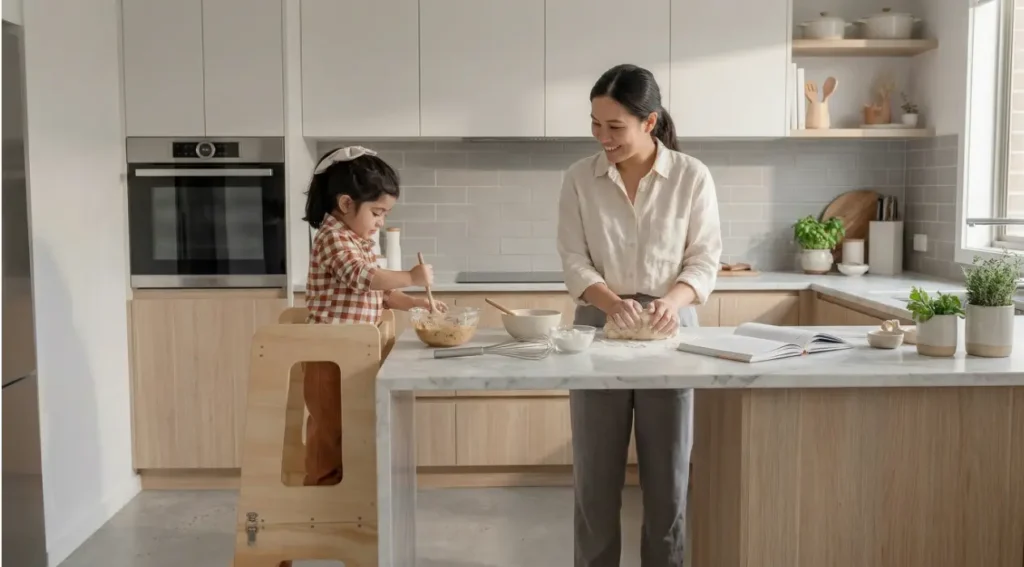 niño participando en la cocina desde torre de aprendizaje desarrollando autonomia y vida practica en ambiente montessori