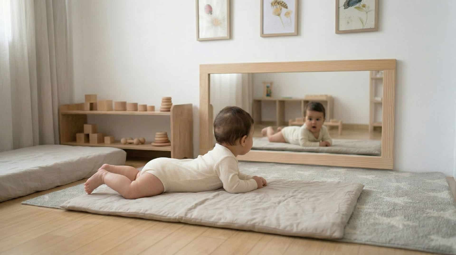 bebé practicando movimiento libre Montessori frente a espejo en el suelo en ambiente preparado con materiales de madera