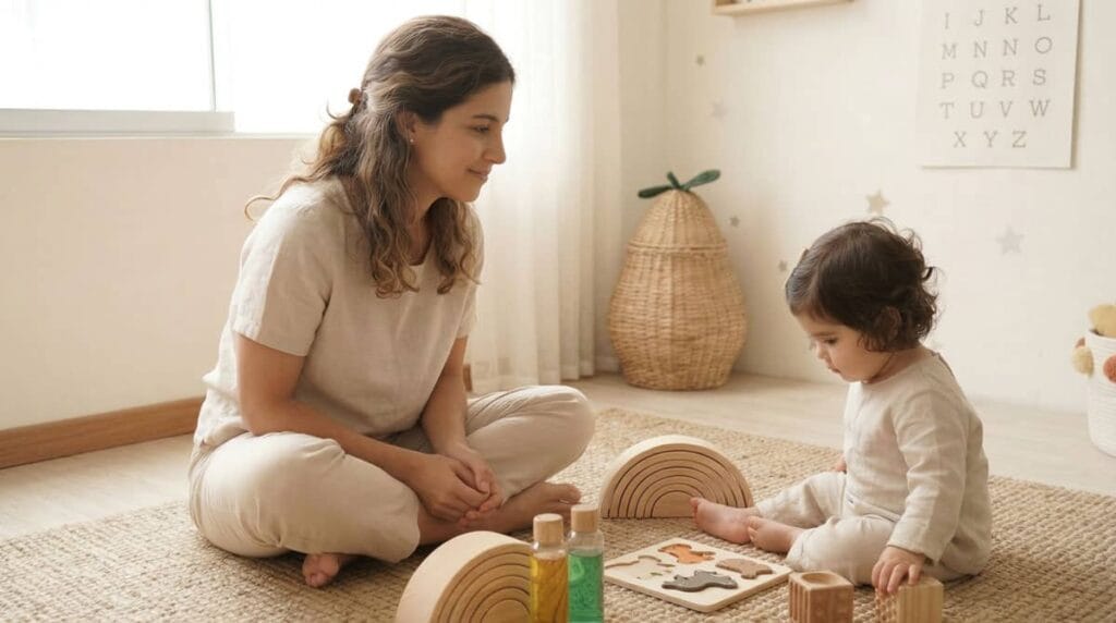 Madre acompanando juego montessori bebe materiales madera – Aserrín Perú