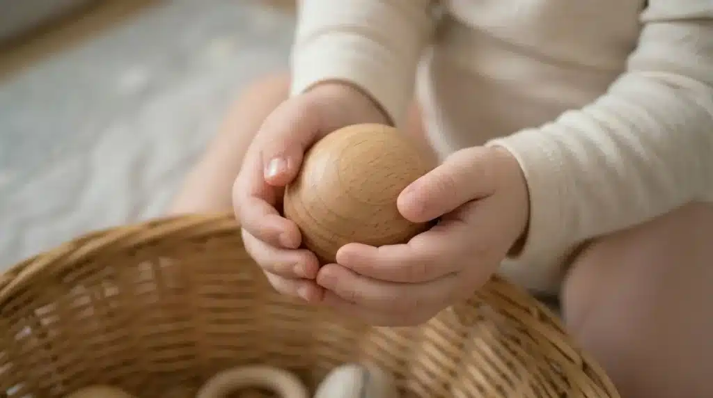 manos de bebé manipulando esfera de madera en cesto de los tesoros Montessori explorando a través del tacto