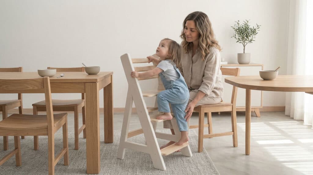 Niño pequeño subiendo de forma autónoma a una silla alta Montessori junto a su madre en un ambiente preparado en el comedor