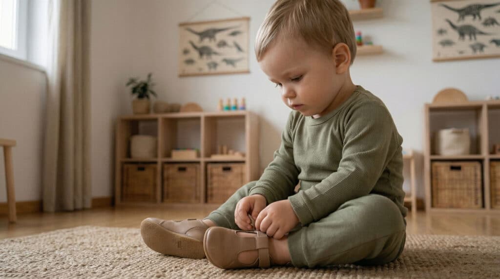 Niño pequeño intentando ponerse los zapatos por sí mismo en un ambiente Montessori fomentando la autonomía