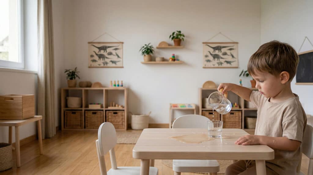 Niño vertiendo agua por sí mismo en actividad Montessori de vida práctica fomentando la autonomía
