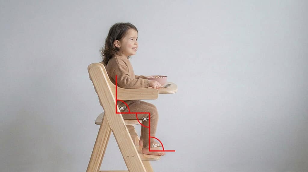 Niño sentado en silla de comer evolutiva Montessori con postura correcta a 90 grados en cadera, rodillas y tobillos durante la alimentación