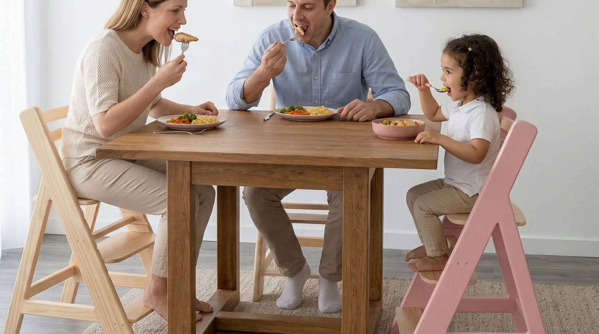 Niña utilizando silla de comer evolutiva sentada a la mesa junto a su familia con autonomía