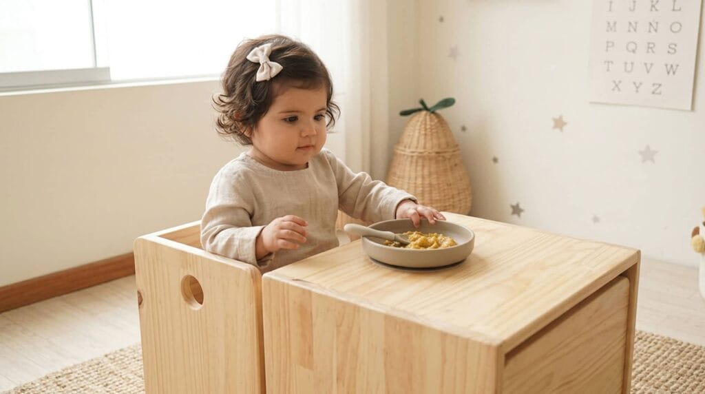 Bebé sentado en silla Montessori de madera comiendo de forma autónoma en un ambiente preparado