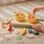 Manos de niño jugando con cocina de madera Montessori desarrollando motricidad fina y juego simbólico