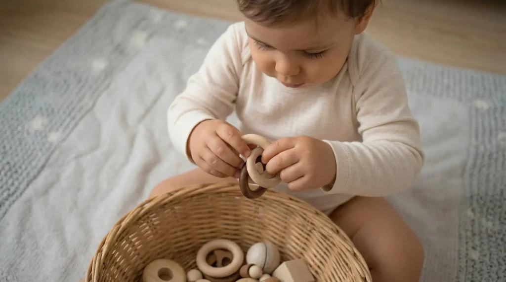 Bebé manipulando materiales Montessori de madera en cesta, desarrollo de motricidad fina en ambiente preparado