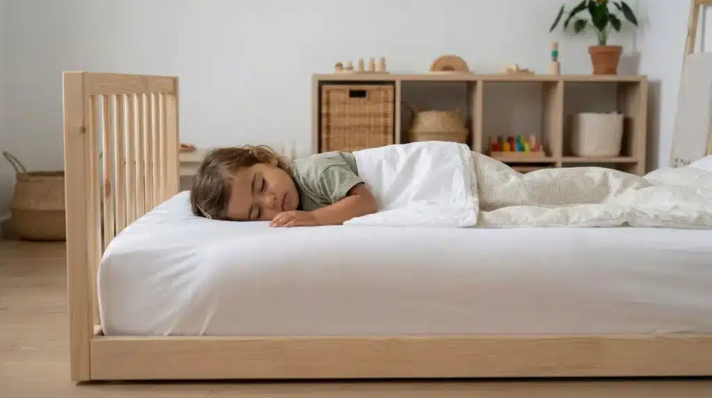 niño pequeño durmiendo en cama baja Montessori promoviendo autonomía y movimiento libre en ambiente preparado