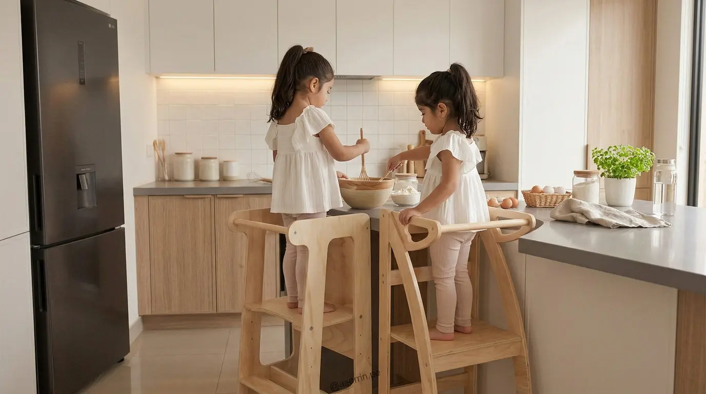 dos niñas usando diferentes torres de aprendizaje Montessori comparando modelos en cocina