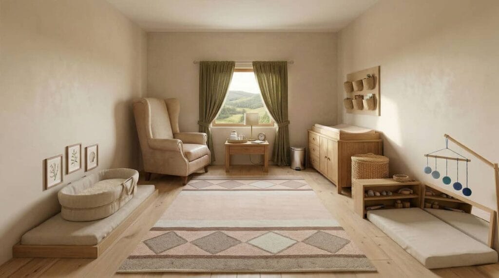 Ambiente preparado Montessori AMI para bebé de 0 a 5 meses con materiales naturales y espacio ordenado