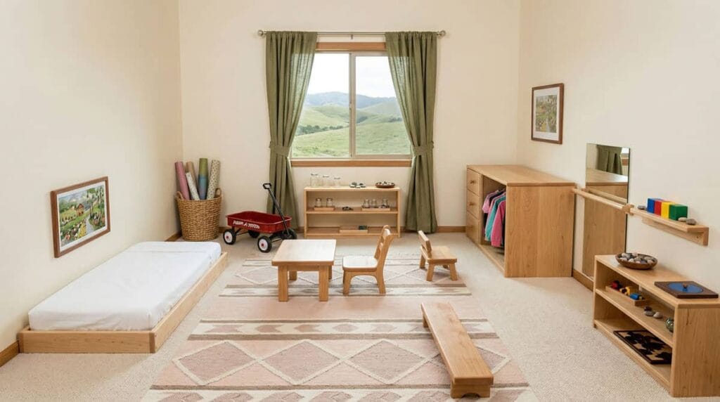 Ambiente preparado Montessori AMI para bebé de 12 a 36 meses con materiales naturales y espacio ordenado