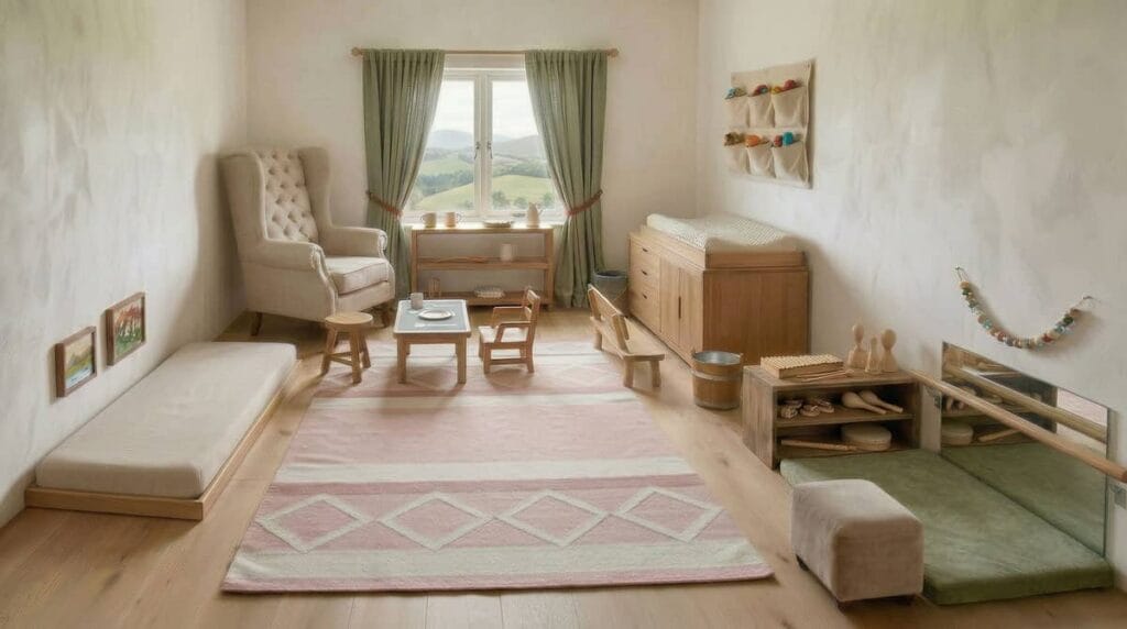 Ambiente preparado Montessori AMI para bebé de 5 a 12 meses con materiales naturales y espacio ordenado