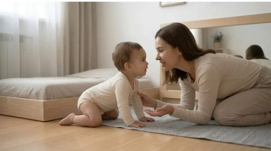 bebé interactuando con adulto en ambiente preparado montessori desarrollando lenguaje a través del vínculo y la observación