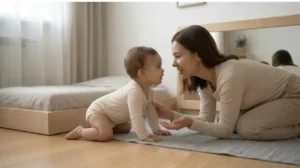 bebé interactuando con adulto en ambiente preparado montessori desarrollando lenguaje a través del vínculo y la observación