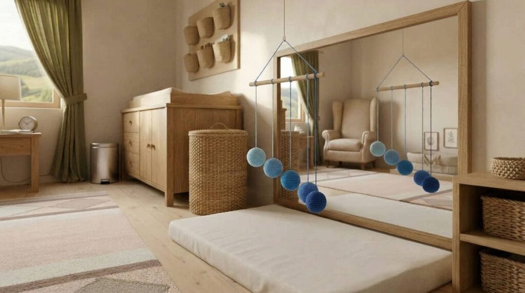 Móvil Gobbi Montessori azul en área de descanso para bebé de 0 a 5 meses con espejo y colchoneta en ambiente preparado