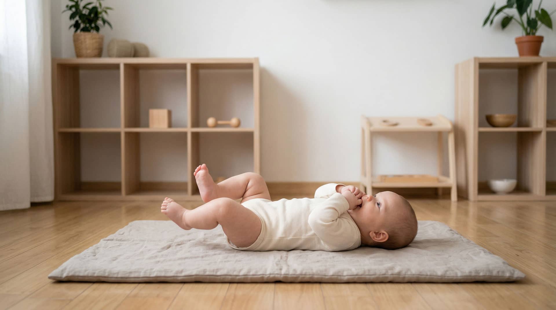 bebé practicando movimiento libre Montessori sobre colchoneta en el suelo en ambiente preparado minimalista