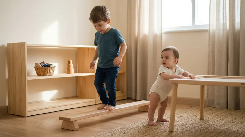 niños practicando movimiento libre Montessori equilibrio y autonomía en ambiente preparado en casa