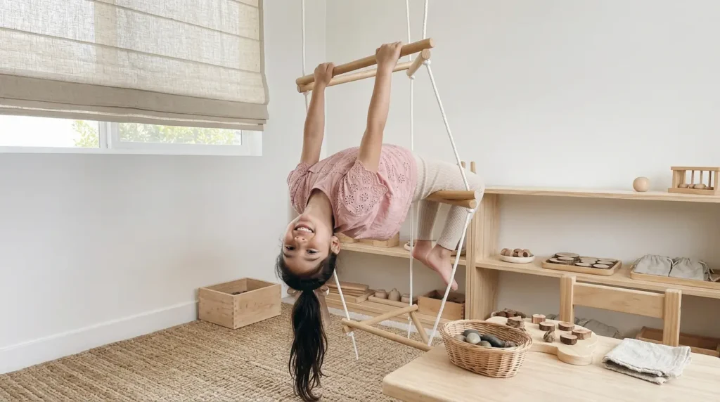 Niña balanceándose en columpio de madera Montessori en ambiente preparado en casa promoviendo movimiento libre