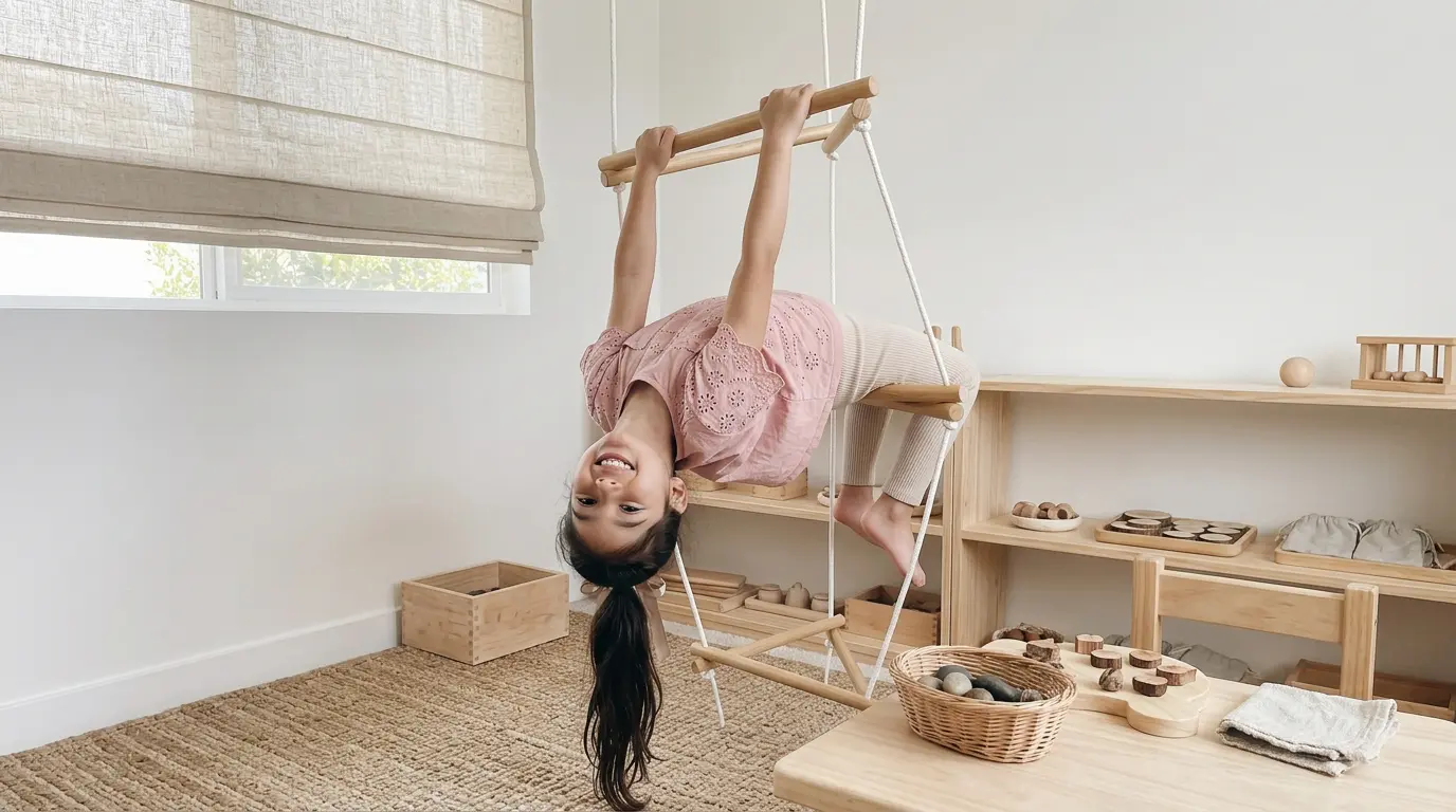 Niña balanceándose en columpio de madera Montessori en ambiente preparado en casa promoviendo movimiento libre