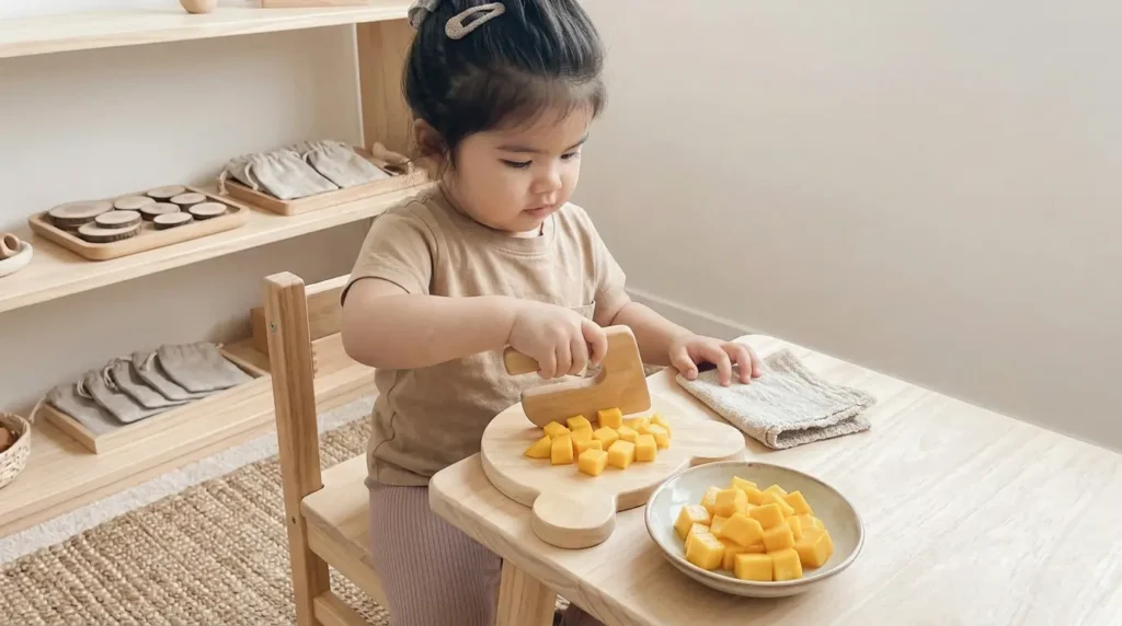 Niña pequeña cortando alimentos con cuchillo seguro Montessori sobre tabla de madera en ambiente preparado en casa