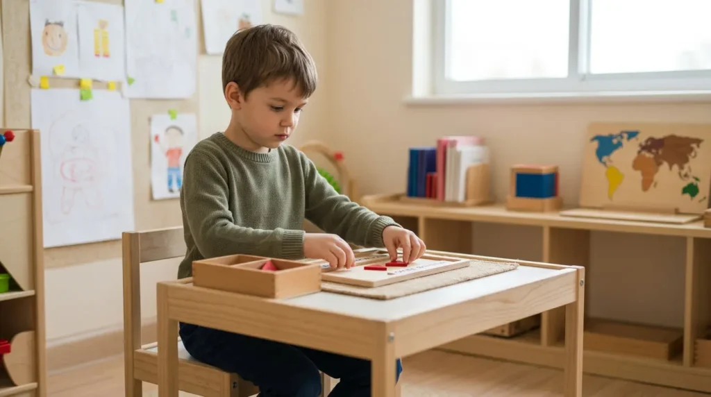 niño concentrado usando materiales Montessori en ambiente preparado desarrollando autonomía y aprendizaje