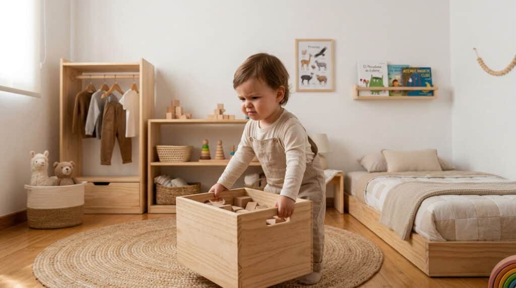 Niño pequeño cargando objeto pesado ejercitando el máximo esfuerzo Montessori