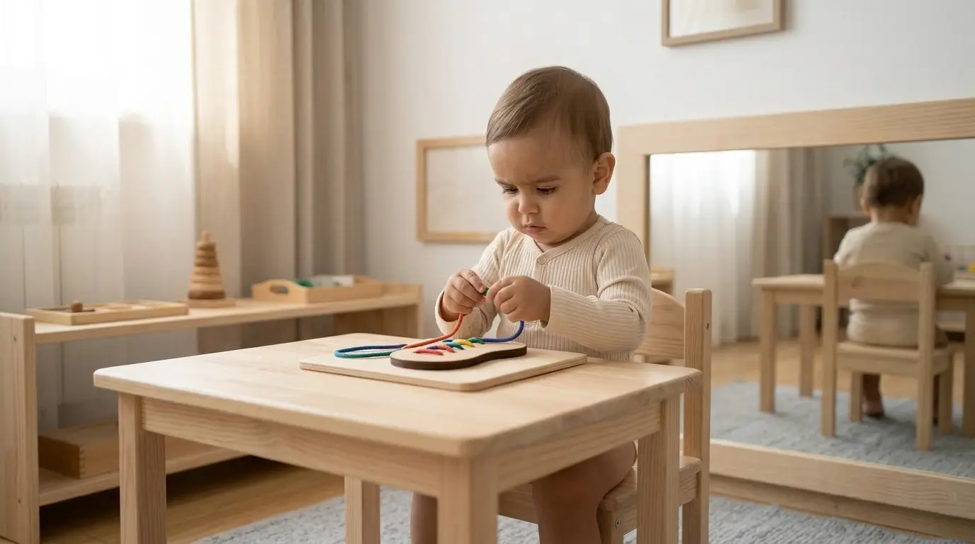 niño concentrado realizando actividad montessori en ambiente preparado desarrollando atencion y orden interno