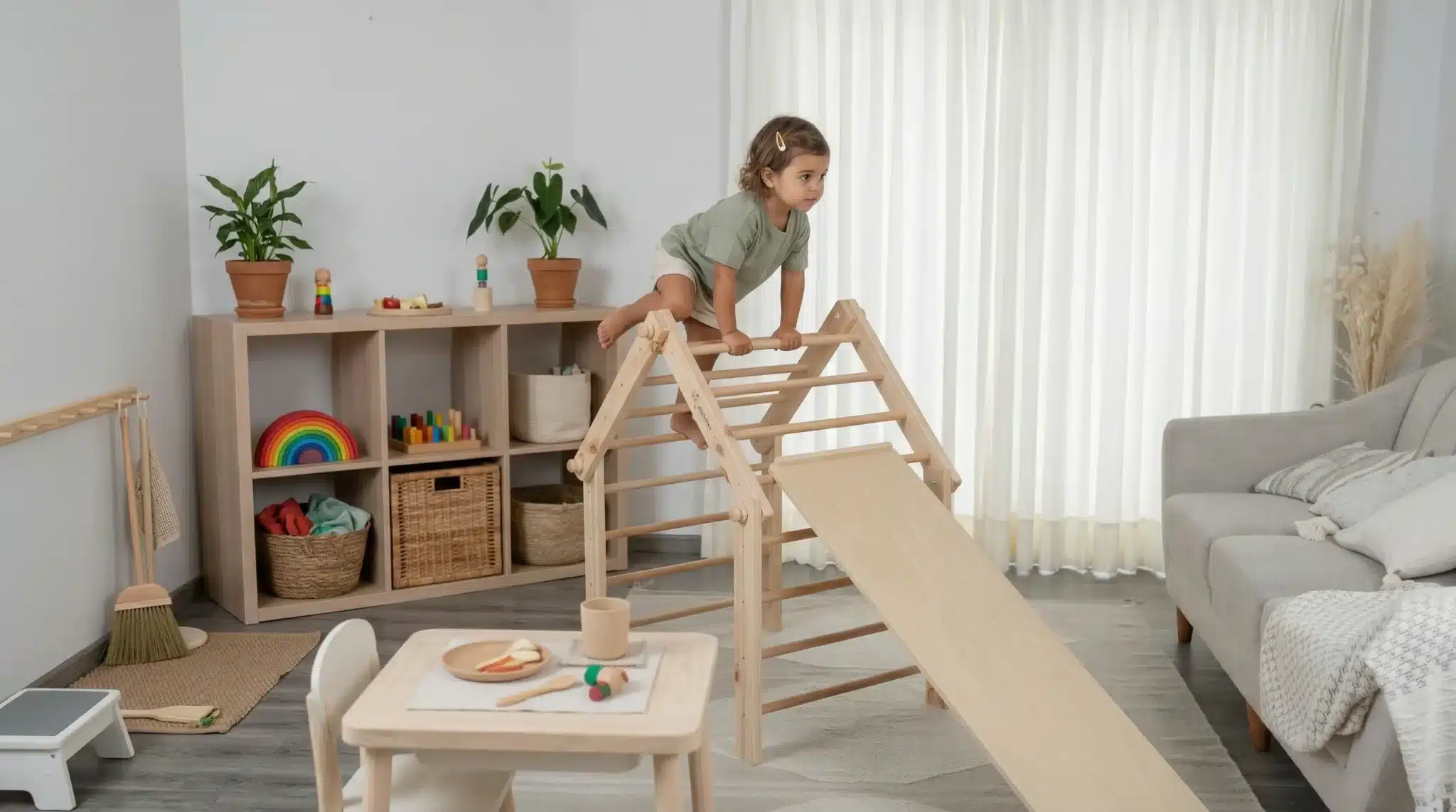 niño explorando y trepando en triángulo pikler en ambiente preparado montessori desarrollando movimiento y autonomía