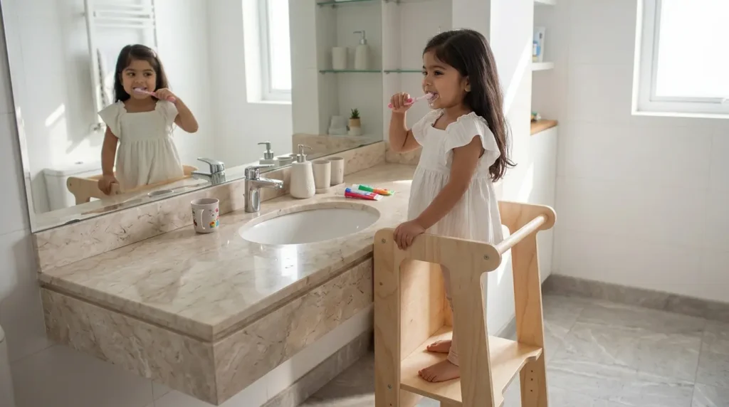 niña usando torre de aprendizaje Montessori en baño cepillándose los dientes de forma autónoma