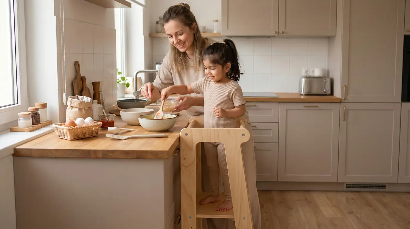 niña usando torre de aprendizaje Montessori en cocina participando en preparación de alimentos con su madre
