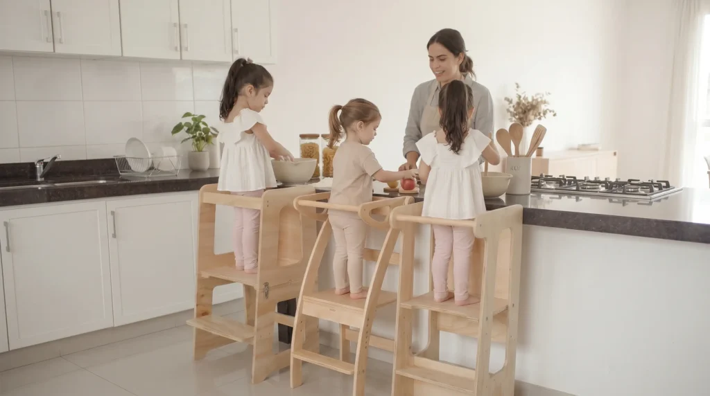 Madre y tres niñas usando torres de aprendizaje Montessori para cocinar juntas en una cocina luminosa