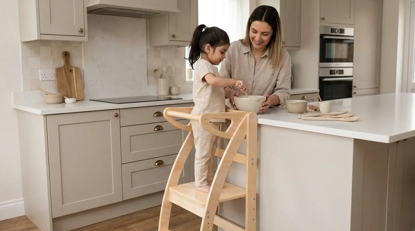 niña usando torre de aprendizaje Montessori en cocina participando en actividad con su madre