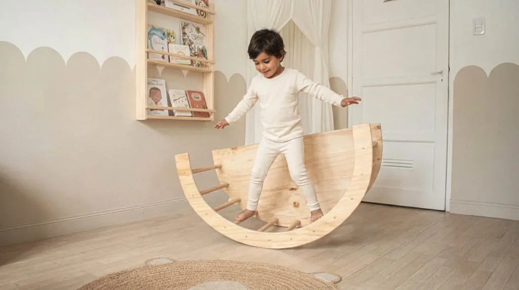 Niño de pie sobre el arco Pikler volteado de Aserrín usándolo como balancín y trabajando el equilibrio en habitación Montessori con librero frontal