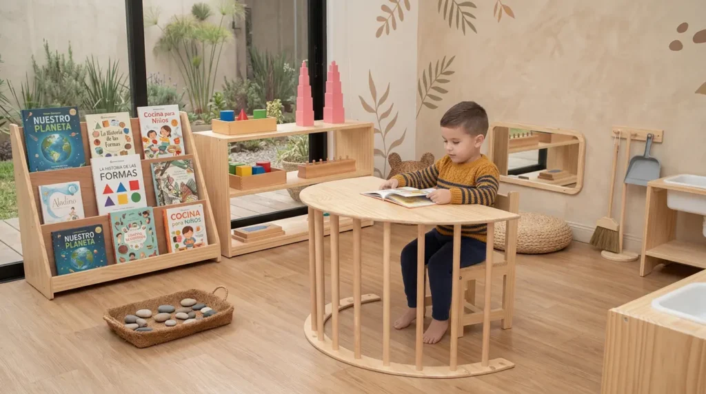Niño leyendo un cuento sentado a una mesa hecha con el arco Pikler volteado de Aserrín en habitación Montessori con librero frontal y materiales de vida práctica