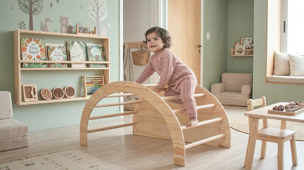 Niña pequeña trepando un arco Pikler de madera Aserrín con peldaños redondos en habitación Montessori con librero frontal y materiales sensoriales