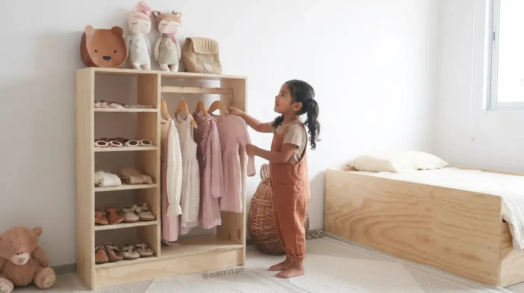 Niña pequeña eligiendo ropa en armario Montessori de madera diseñado para fomentar autonomía en dormitorio infantil