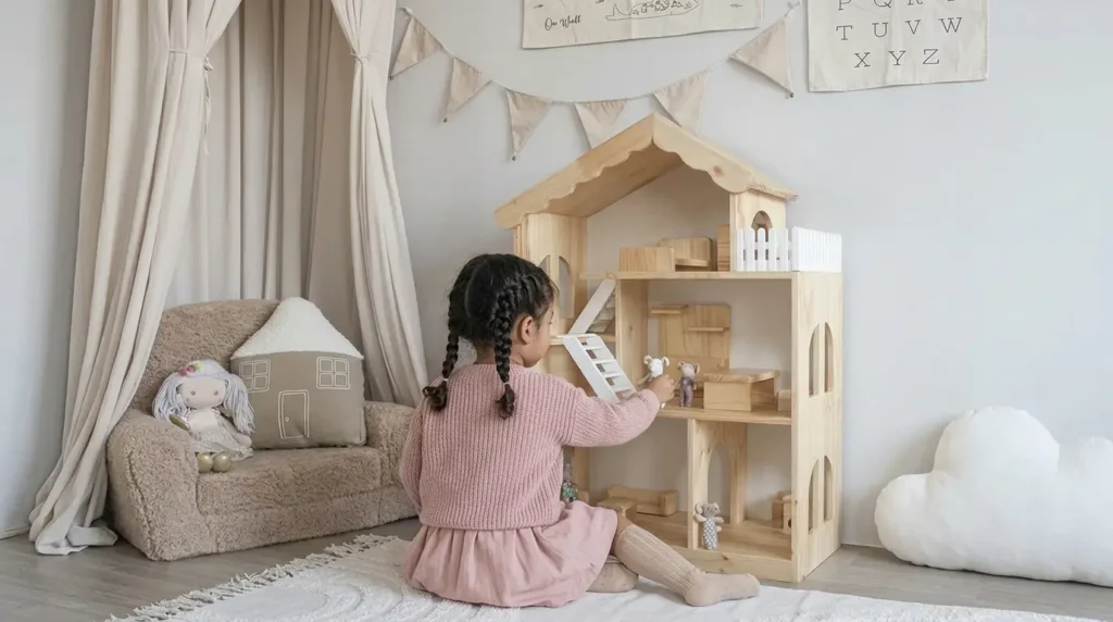 Niña jugando con casa de muñecas Montessori de madera en dormitorio infantil diseñado para fomentar imaginación, autonomía y juego creativo