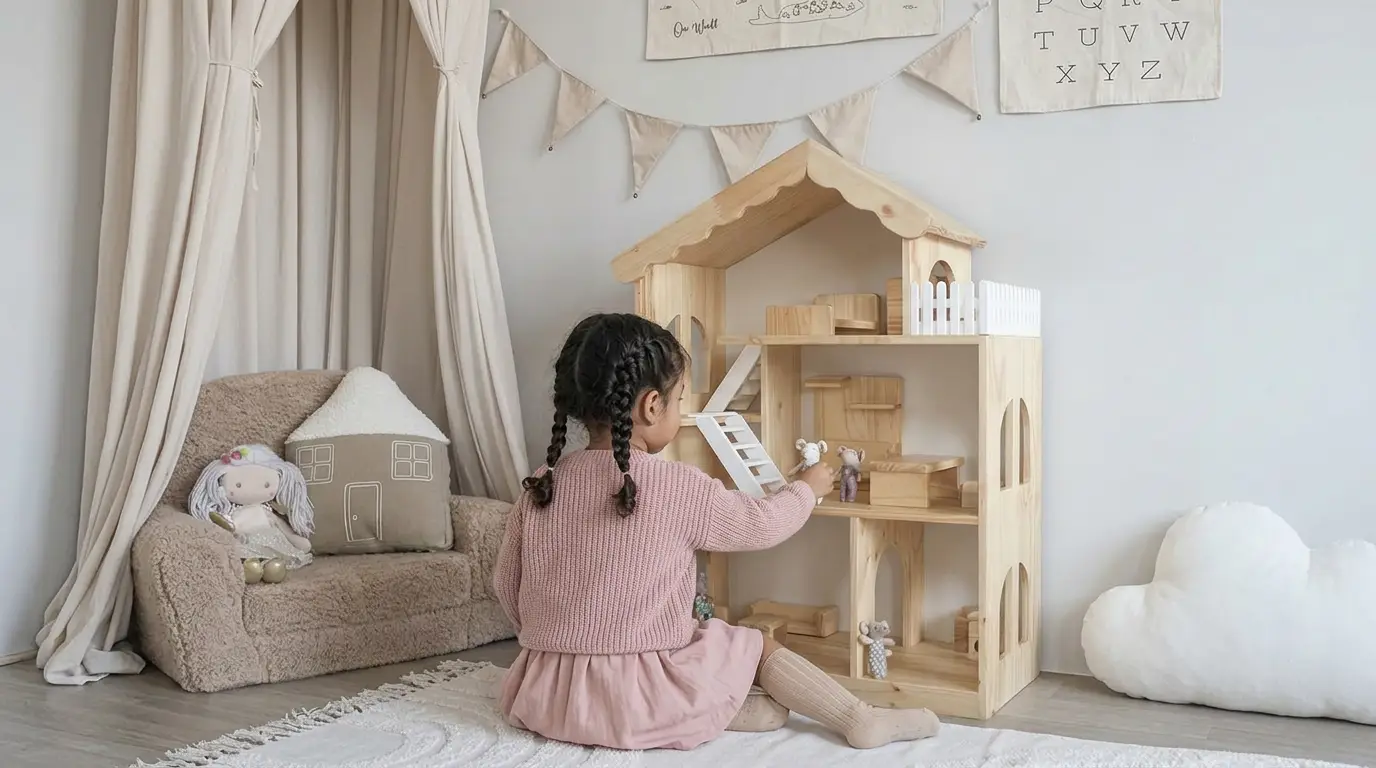 Niña jugando con casa de muñecas Montessori de madera en dormitorio infantil diseñado para fomentar imaginación, autonomía y juego creativo