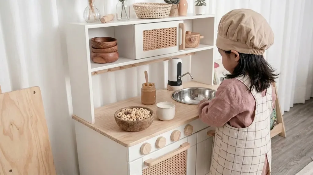 Niña jugando en cocina Montessori infantil de madera con fregadero y estantes accesibles para fomentar autonomía y juego simbólico en casa